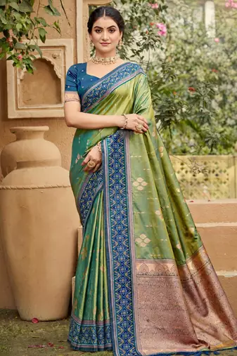 olive green soft silk blend woven work traditional saree