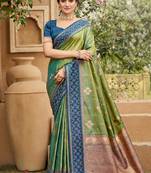 olive green soft silk blend woven work traditional saree