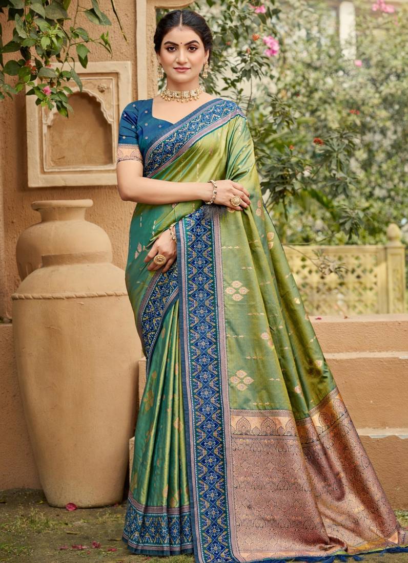 olive green soft silk blend woven work traditional saree