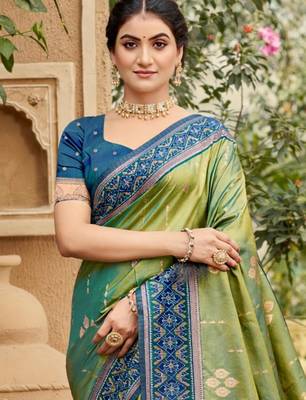 olive green soft silk blend woven work traditional saree 2