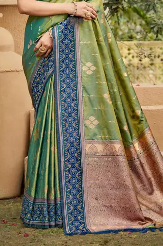 olive green soft silk blend woven work traditional saree