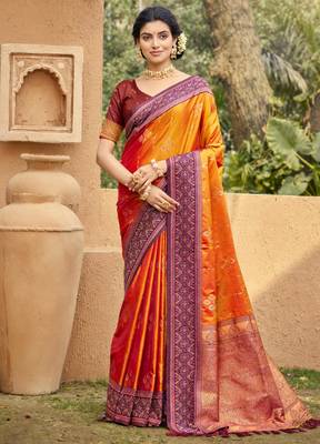 orange soft silk blend woven work traditional saree 1