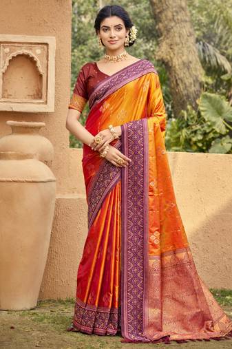 orange soft silk blend woven work traditional saree