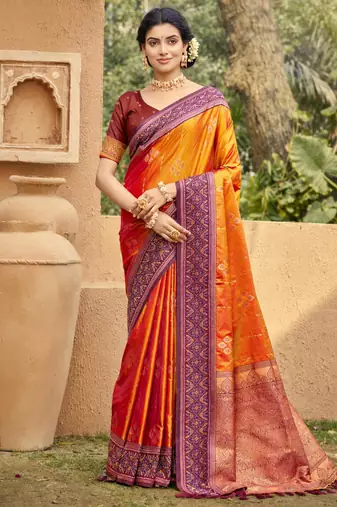 orange soft silk blend woven work traditional saree