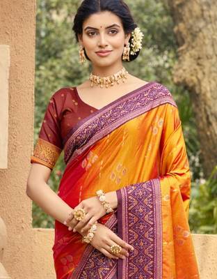orange soft silk blend woven work traditional saree 2