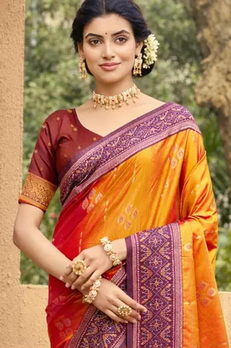 orange soft silk blend woven work traditional saree