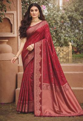 maroon soft silk blend woven work traditional saree 1