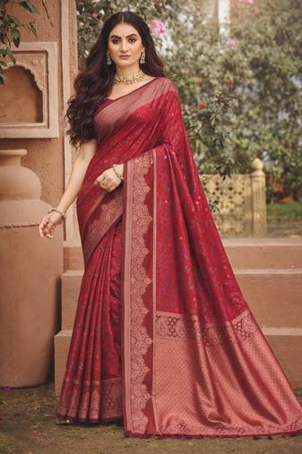 maroon soft silk blend woven work traditional saree