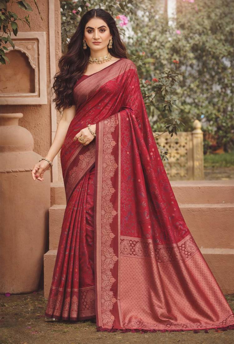 maroon soft silk blend woven work traditional saree