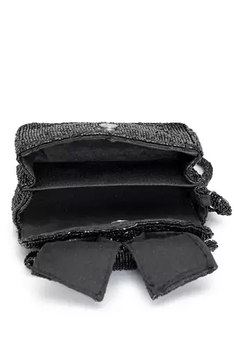 Anekaant beaded muse black cotton statement bow embellished clutch