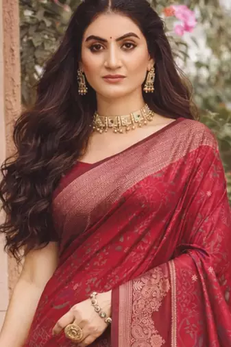maroon soft silk blend woven work traditional saree