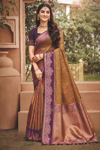 brown  soft silk blend woven work traditional saree