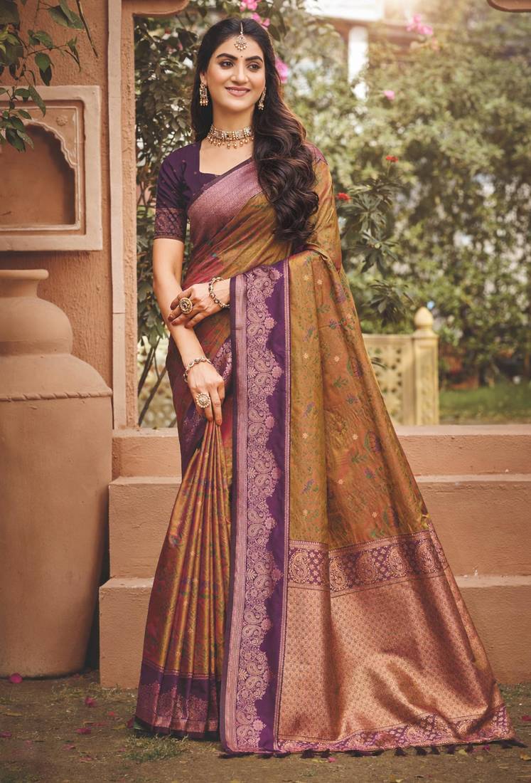 brown  soft silk blend woven work traditional saree