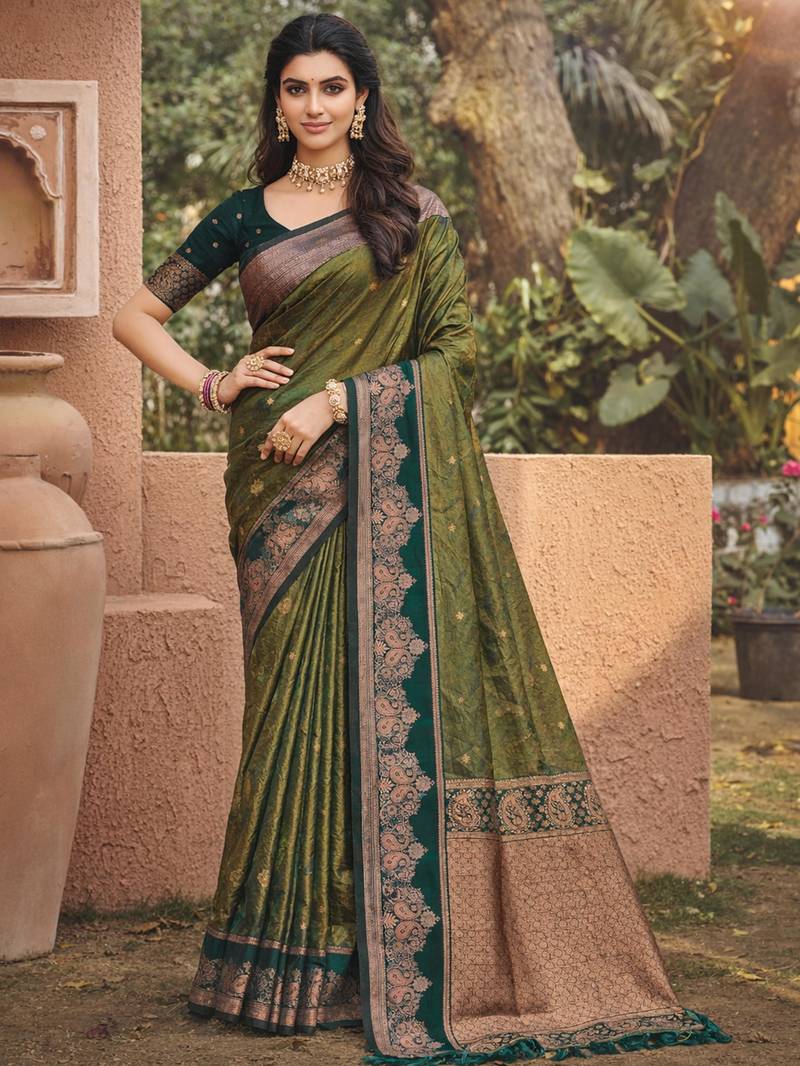 green soft silk blend woven work traditional saree