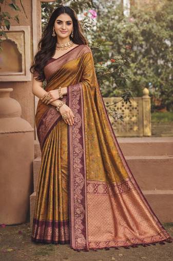 brown  soft silk blend woven work traditional saree