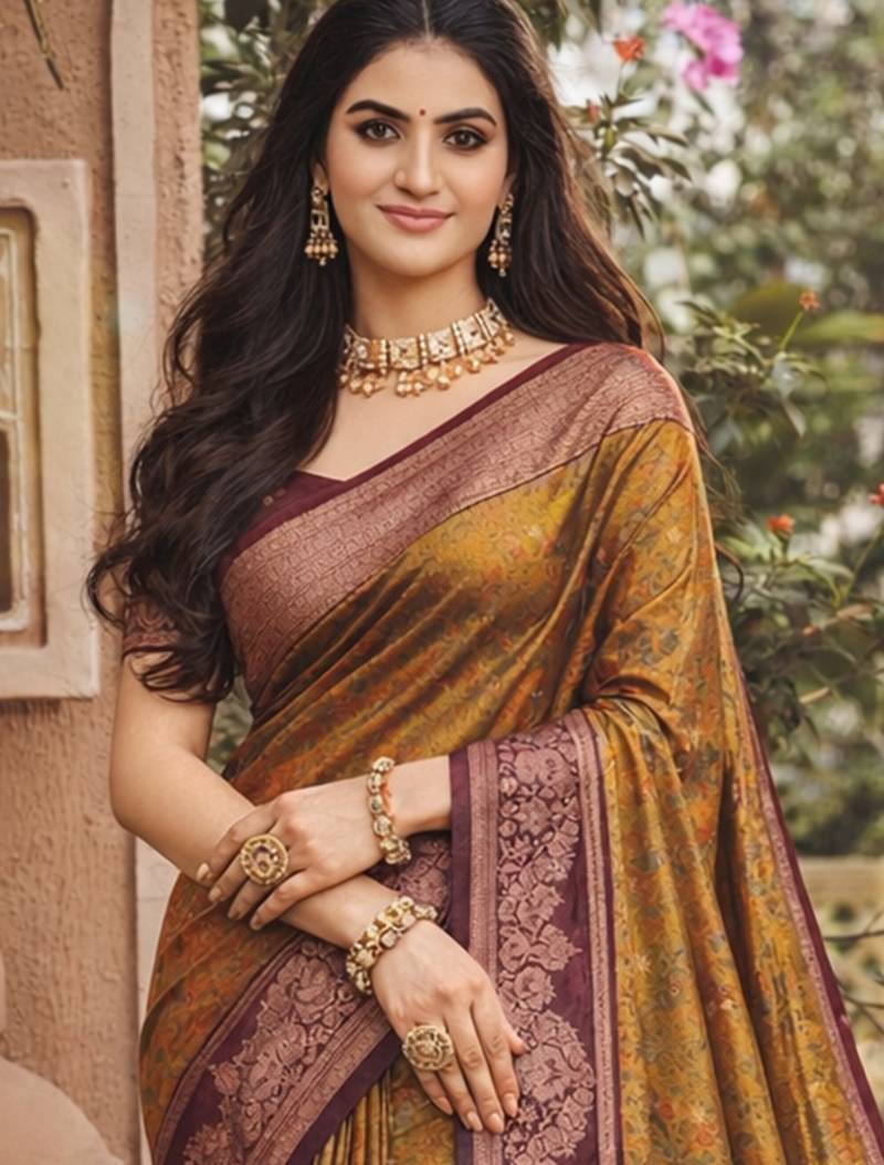brown  soft silk blend woven work traditional saree