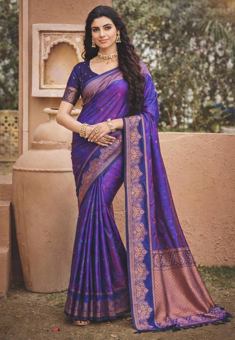 purple soft silk blend woven work traditional saree