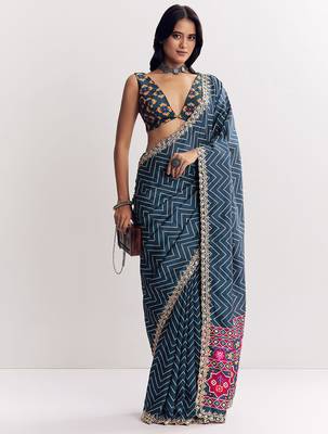 blue manipuri silk saree with heavy embroidery and printed pallu 1