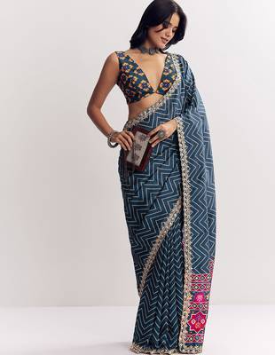 blue manipuri silk saree with heavy embroidery and printed pallu 2