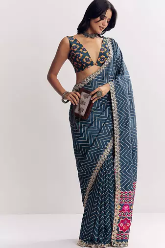 blue manipuri silk saree with heavy embroidery and printed pallu