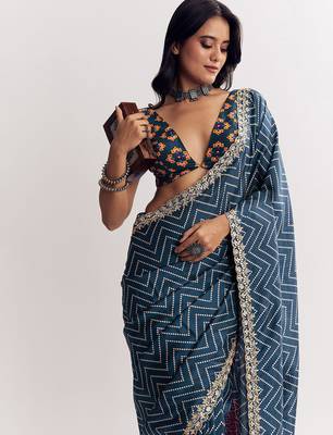 blue manipuri silk saree with heavy embroidery and printed pallu 4