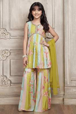Mint Green Chinon Silk Floral print Alia Cutt Style Salwar Suit For Kids Girls 1