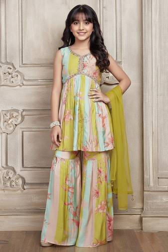 Mint Green Chinon Silk Floral print Alia Cutt Style Salwar Suit For Kids Girls