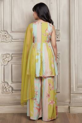 Mint Green Chinon Silk Floral print Alia Cutt Style Salwar Suit For Kids Girls 2