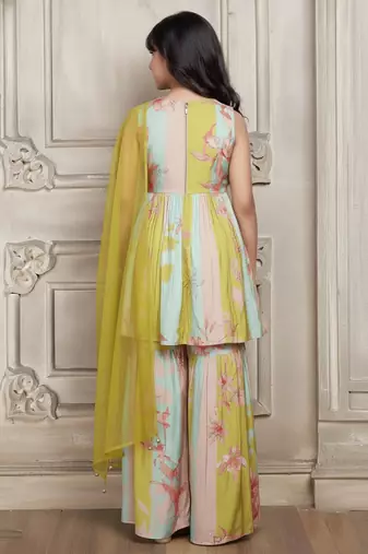 Mint Green Chinon Silk Floral print Alia Cutt Style Salwar Suit For Kids Girls