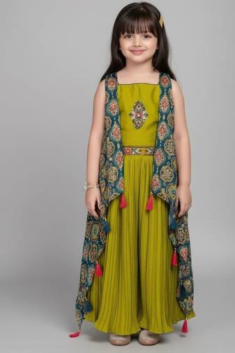Parrot Green Printed Shrug Style Jacket Ethnic Palazzo Salwar Suit For Girls kids