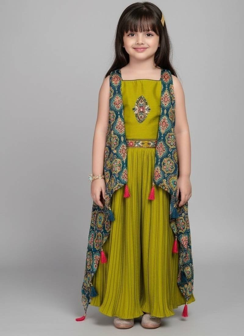 Parrot Green Printed Shrug Style Jacket Ethnic Palazzo Salwar Suit For Girls kids