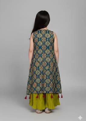 Parrot Green Printed Shrug Style Jacket Ethnic Palazzo Salwar Suit For Girls kids 2