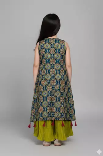 Parrot Green Printed Shrug Style Jacket Ethnic Palazzo Salwar Suit For Girls kids