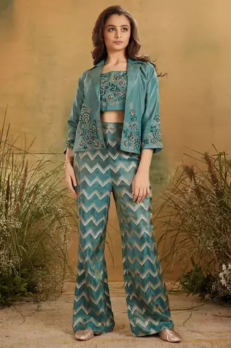 Rama Green Embroidery Jacket Style Palazzo Ethnic Set For Kids Girls