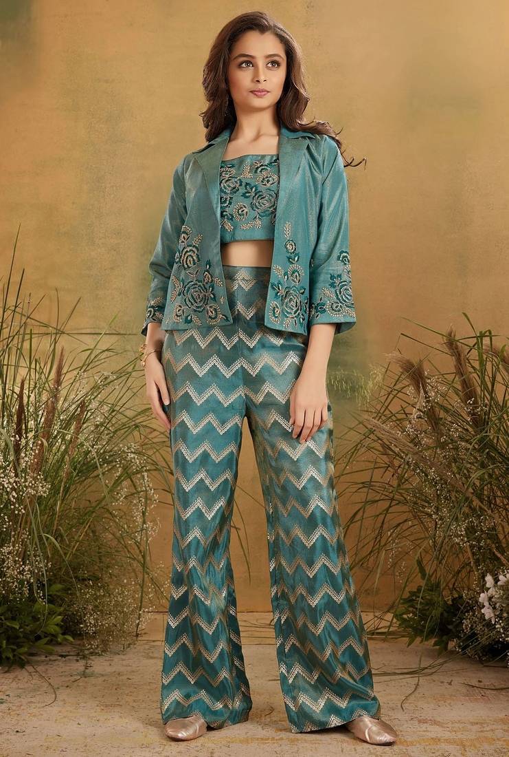 Rama Green Embroidery Jacket Style Palazzo Ethnic Set For Kids Girls