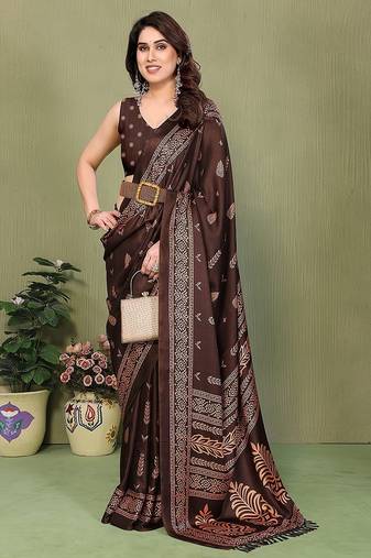 coffee printed, blocked printed daily wear chiffon, georgette saree with blouse