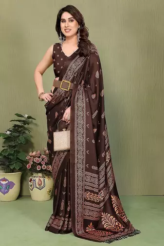 coffee printed, blocked printed daily wear chiffon, georgette saree with blouse