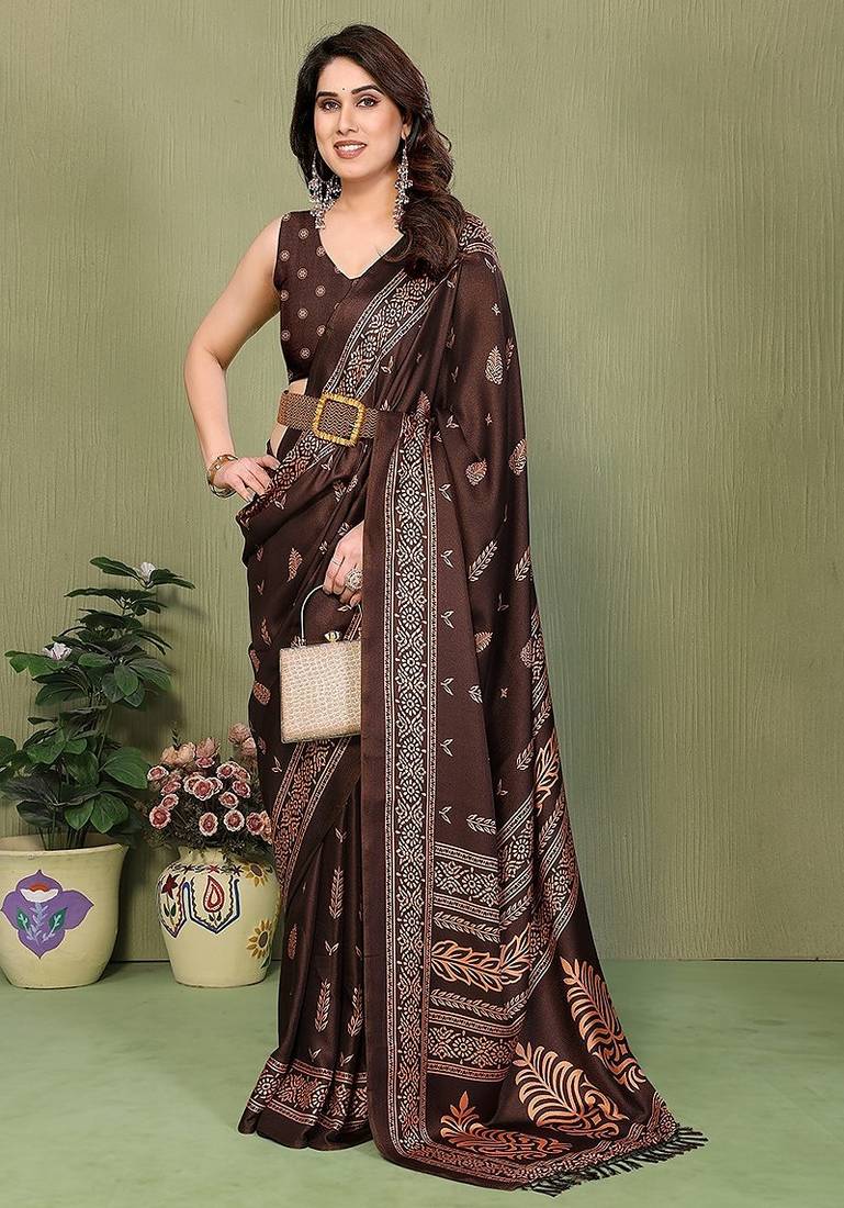 coffee printed, blocked printed daily wear chiffon, georgette saree with blouse