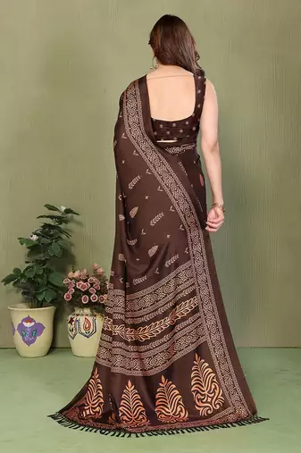 coffee printed, blocked printed daily wear chiffon, georgette saree with blouse