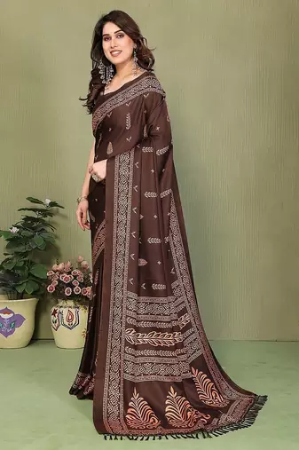 coffee printed, blocked printed daily wear chiffon, georgette saree with blouse