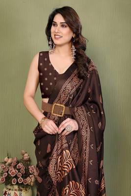 coffee printed, blocked printed daily wear chiffon, georgette saree with blouse 4