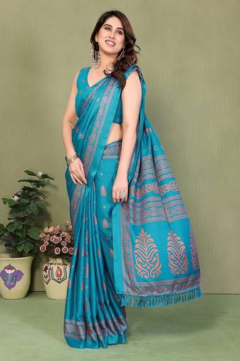 teal printed, blocked printed daily wear chiffon, georgette saree with blouse