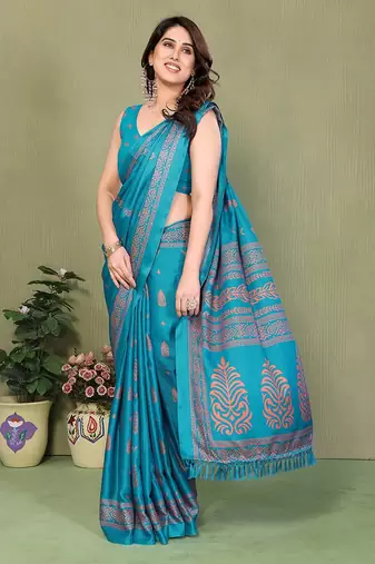teal printed, blocked printed daily wear chiffon, georgette saree with blouse