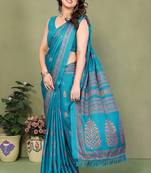 teal printed, blocked printed daily wear chiffon, georgette saree with blouse