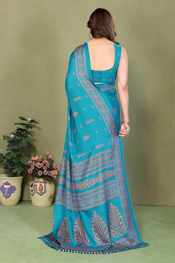 teal printed, blocked printed daily wear chiffon, georgette saree with blouse