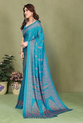 teal printed, blocked printed daily wear chiffon, georgette saree with blouse 3