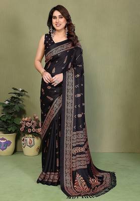 black printed, blocked printed daily wear chiffon, georgette saree with blouse 1