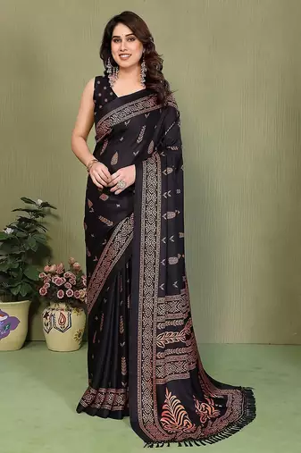 black printed, blocked printed daily wear chiffon, georgette saree with blouse