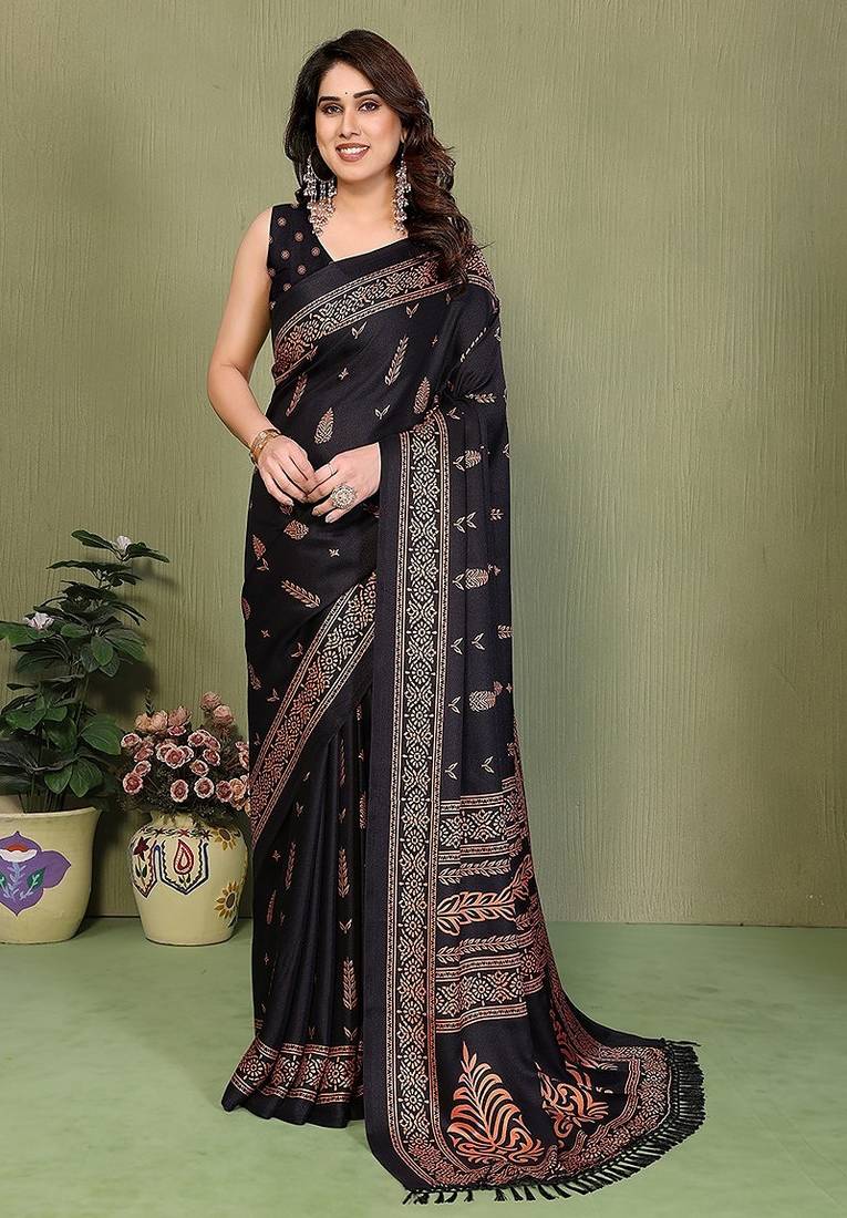 black printed, blocked printed daily wear chiffon, georgette saree with blouse