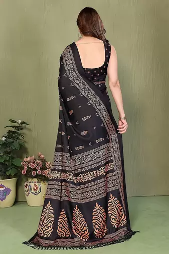 black printed, blocked printed daily wear chiffon, georgette saree with blouse